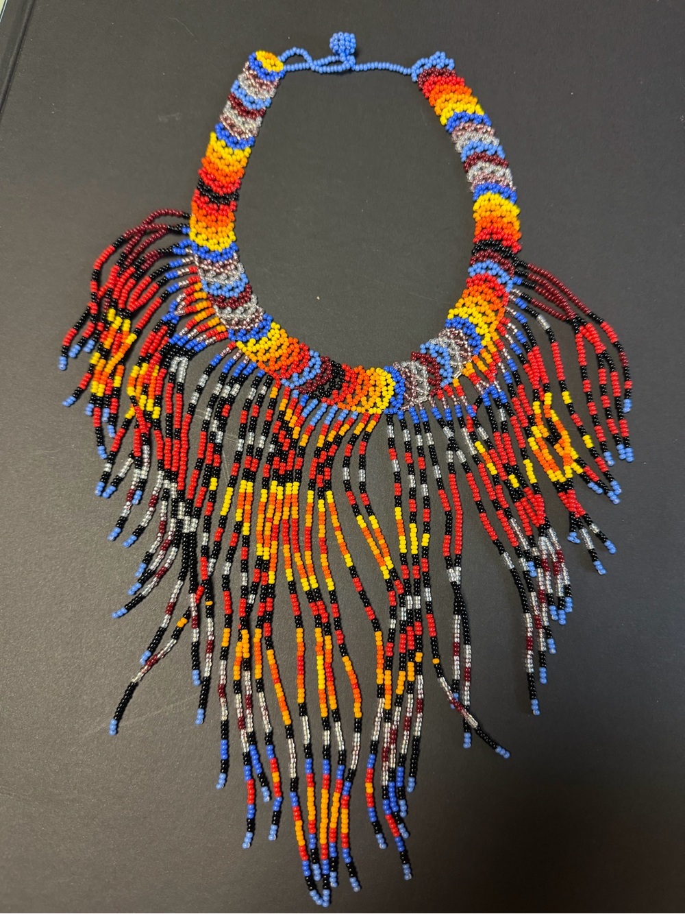 Vintage Multicolor Seed Bead Fringe Collar Bib Necklace - Red, Yellow & Blue